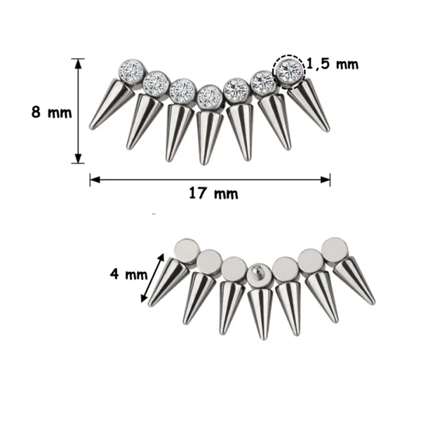 Piercing Labret Titane à Arc de 7 Pointes Coniques sur Base Sertie (dimensions) Piercing Labret Titane à Arc de 7 Pointes Coniques sur Base Sertie (dimensions).