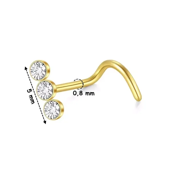 Piercing Nostril Stud Courbé en U avec Trois Zircons - Acier 316L Doré PVD Piercing Nostril Stud Courbé en U avec Trois Zircons - Acier 316L Doré PVD.