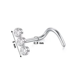 Piercing Nostril Stud à Triple Zircons Sertis - Acier Chirurgical 316L Poli de Diamètre 0,8 mm.