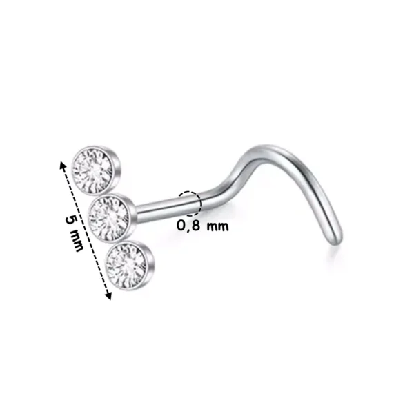 Piercing Nostril Stud à Triple Zircons Sertis - Acier Chirurgical 316L Poli de Diamètre 0,8 mm Piercing Nostril Stud à Triple Zircons Sertis - Acier Chirurgical 316L Poli de Diamètre 0,8 mm.