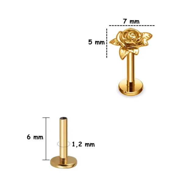 Piercing Rose Antique Sculptée à Tige Labret Titane Anodisé Doré 6 mm Piercing Rose Antique Sculptée à Tige Labret Titane Anodisé Doré 6 mm.