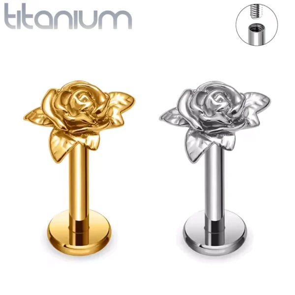 Piercing Rose Antique à Tige Labret Titane 6-8 mm.