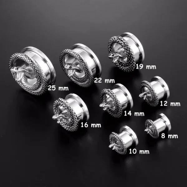 Tunnel Serpent Cobra en Acier 316L, Dévissable 8-25 mm (variante acier poli) Tunnel Serpent Cobra en Acier 316L, Dévissable 8-25 mm (variante acier poli).