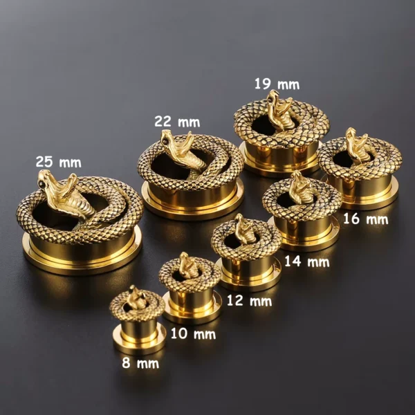 Tunnel Serpent Cobra en Acier 316L, Dévissable 8-25 mm (variante doré PVD) Tunnel Serpent Cobra en Acier 316L, Dévissable 8-25 mm (variante doré PVD).