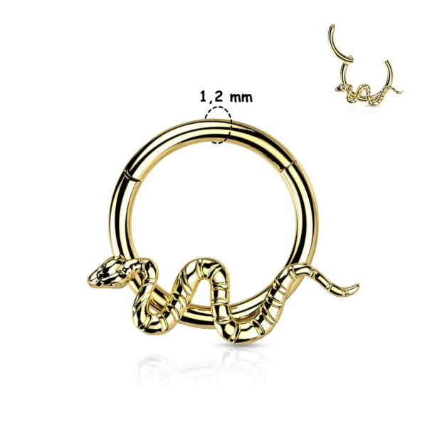 Anneau Charnière Titane Anodisé Doré à Motif Serpent Ondulant en Relief Anneau Charnière Titane Anodisé Doré à Motif Serpent Ondulant en Relief.