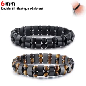 Bracelet Perles Œil de Tigre ou Onyx & Segments Hématite.