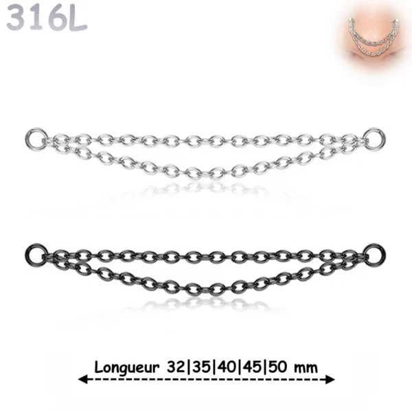 Double Chaîne Connecteur de Piercing Acier 316L 32-50 mm.