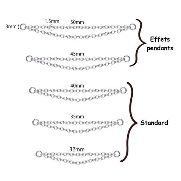 Double Chaîne Connecteur de Piercing Acier 316L Poli 32-50 mm Double Chaîne Connecteur de Piercing Acier 316L Poli 32-50 mm.