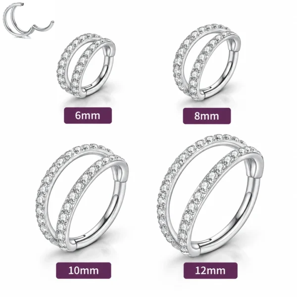 Piercing Double Anneau Clicker en Titane Gris Argenté Pavé Zirconiums Piercing Double Anneau Clicker en Titane Gris Argenté Pavé Zirconiums.