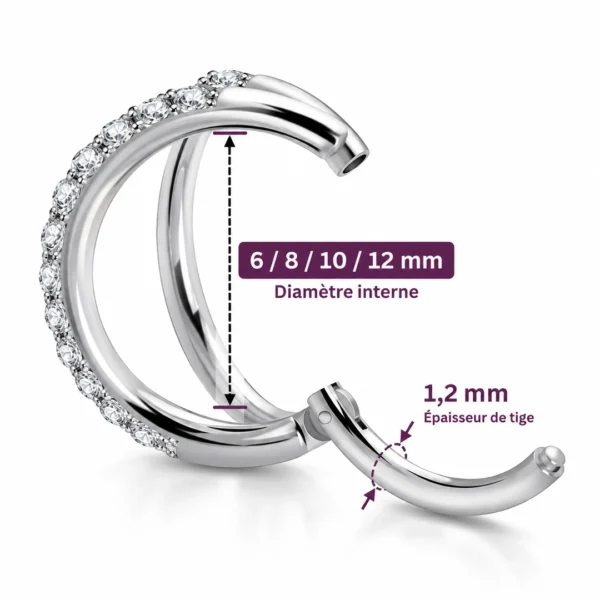 Piercing Double Anneau Clicker en Titane Pavé Zirconiums (dimensions) Piercing Double Anneau Clicker en Titane Pavé Zirconiums (dimensions).