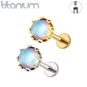 Piercing Labret Titane à Opale CZ Sertie d'une Couronne.