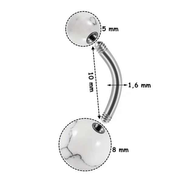 Piercing Nombril à Perles d'Howlite Blanche (dimensions) 1,6x10 mm Piercing Nombril à Perles d'Howlite Blanche (dimensions) 1,6x10 mm.