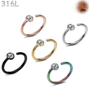 Piercing Nostril Anneau Ouvert Acier 316L à Zircon 2 mm.