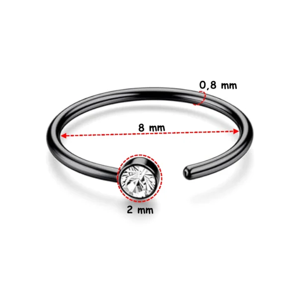 Piercing Nostril Anneau de Narine Ouvert Acier 316L à Zircon 2 mm (variante noir PVD) Piercing Nostril Anneau de Narine Ouvert Acier 316L à Zircon 2 mm (variante noir PVD).