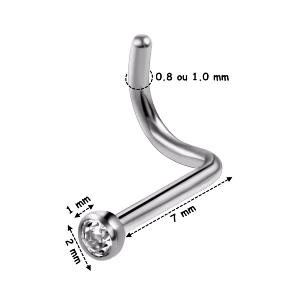 Piercing Nostril Stud Courbé Titane 0.8 ou 1.0 mm à Demi-Sphère Sertie d'un Zircon Blanc Piercing Nostril Stud Courbé Titane 0.8 ou 1.0 mm à Demi-Sphère Sertie d'un Zircon Blanc.