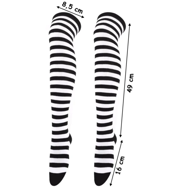 Bas classiques à rayures noires & blanches - 65 cm, hauteur cuisse (dimensions) Bas classiques à rayures noires & blanches - 65 cm, hauteur cuisse (dimensions).