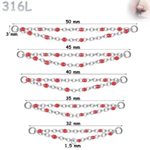 Chaîne de Nez à Double Rangée Perlée Rouge 32-50 mm.