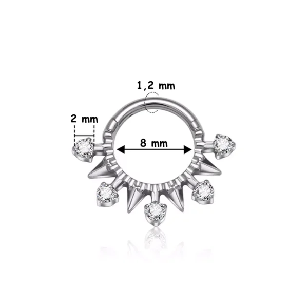Clicker Titane ASTM-F136 Arc de Pointes Métalliques Ponctué de Zircons (variante 8 mm 4 pointes 5 zircons cubiques) Clicker Titane ASTM-F136 Arc de Pointes Métalliques Ponctué de Zircons (variante 8 mm 4 pointes 5 zircons cubiques).