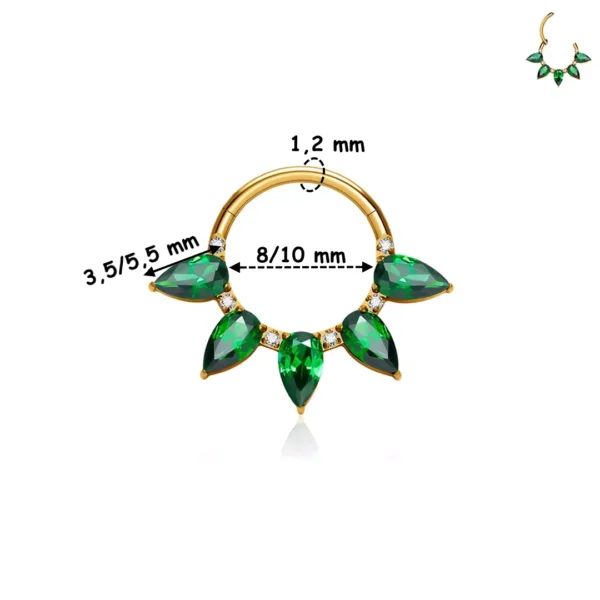 Clicker Titane ASTM-F136 à 5 Marquises de Zirconiums Émeraude (variante anodisé doré 8-10 mm) Clicker Titane ASTM-F136 à 5 Marquises de Zirconiums Émeraude (variante anodisé doré 8-10 mm).