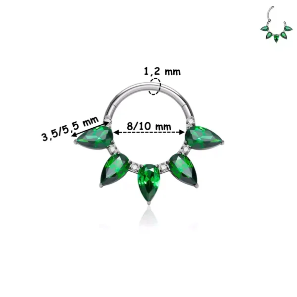 Clicker Titane à 5 Marquises de Zirconiums Émeraude (variante gris argenté 8-10 mm) Clicker Titane à 5 Marquises de Zirconiums Émeraude (variante gris argenté 8-10 mm).