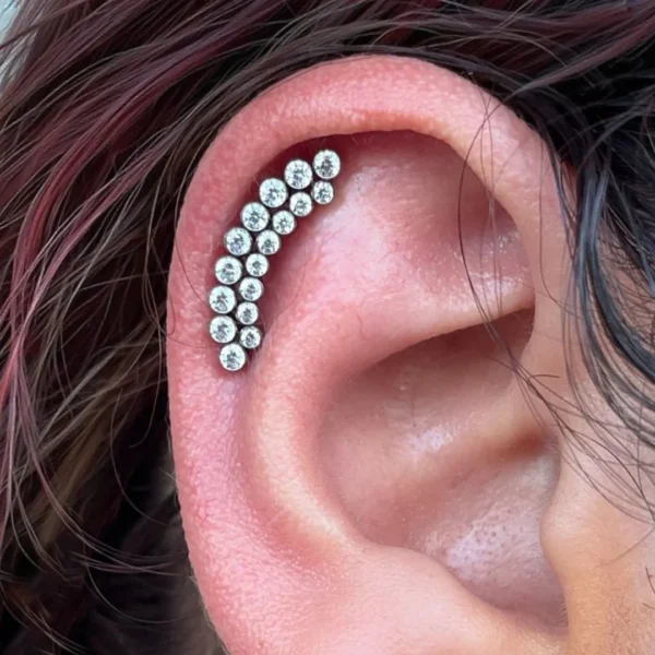 Femme avec Piercing Labret Arqué Titane à Double Ligne de Zirconiums à l'Hélix (cartilage) Femme avec Piercing Labret Arqué Titane à Double Ligne de Zirconiums à l'Hélix (cartilage).