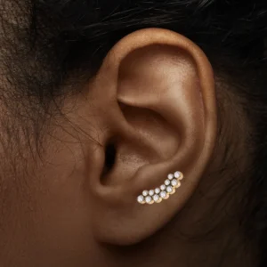 Femme avec Piercing Labret Courbé Titane à Double Ligne de Zirconiums au Troisième Lobe (3ème trou).