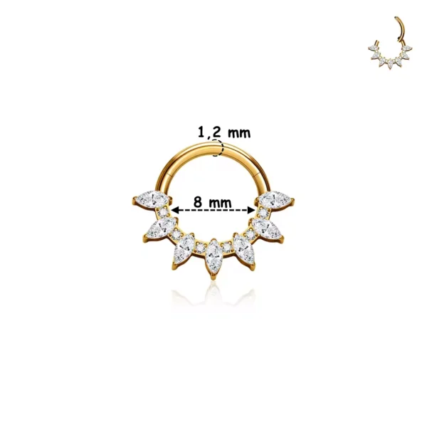 Piercing Clicker Titane à Arc Harmonieux de Zirconiums Taillés en Marquise (variante 8 mm anodisé doré) Piercing Clicker Titane à Arc Harmonieux de Zirconiums Taillés en Marquise (variante 8 mm anodisé doré)