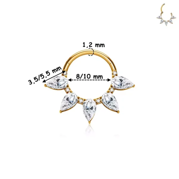 Piercing Clicker en Titane ASTM-F136 Anodisé Doré à 5 Marquises de Zirconiums Étincelants 8-10 mm Piercing Clicker en Titane ASTM-F136 Anodisé Doré à 5 Marquises de Zirconiums Étincelants 8-10 mm.