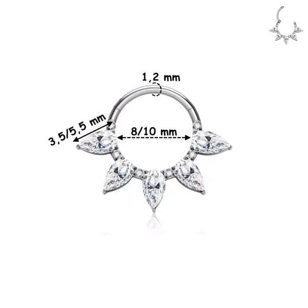 Piercing Clicker en Titane ASTM-F136 Gris Argenté à 5 Marquises de Zirconiums Étincelants 8-10 mm Piercing Clicker en Titane ASTM-F136 Gris Argenté à 5 Marquises de Zirconiums Étincelants 8-10 mm.