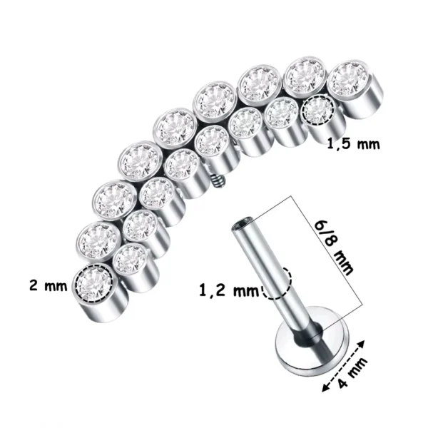 Piercing Labret Arqué Titane à Double Ligne de Zirconiums (dimensions) Piercing Labret Arqué Titane à Double Ligne de Zirconiums (dimensions).
