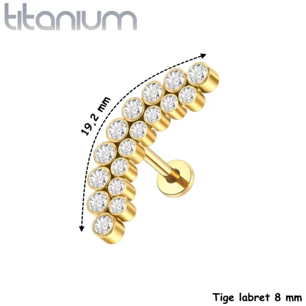 Piercing Labret Arqué Titane à Double Ligne de Zirconiums (variante anodisé doré 8 mm) Piercing Labret Arqué Titane à Double Ligne de Zirconiums (variante anodisé doré 8 mm).