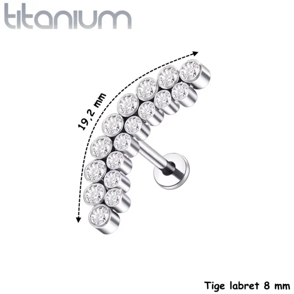 Piercing Labret Arqué Titane à Double Ligne de Zirconiums (variante gris argenté 8 mm) Piercing Labret Arqué Titane à Double Ligne de Zirconiums (variante gris argenté 8 mm).