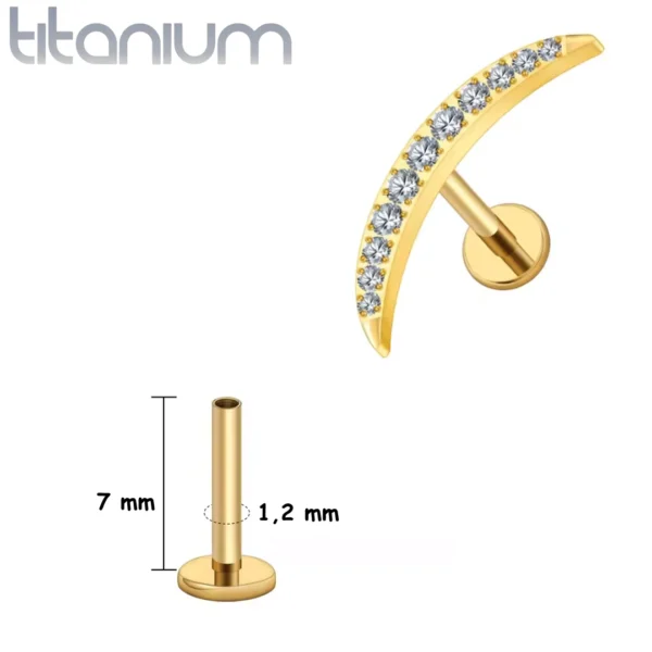 Piercing Labret Courbé en Titane ASTM-F136 Pavé de Zircons Griffés (variante anodisé doré 7 mm) Piercing Labret Courbé en Titane ASTM-F136 Pavé de Zircons Griffés (variante anodisé doré 7 mm)