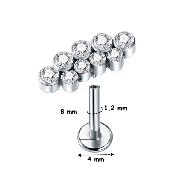 Piercing Labret Incurvé Titane à Double Ligne de Zirconiums (dimensions) Piercing Labret Incurvé Titane à Double Ligne de Zirconiums (dimensions).