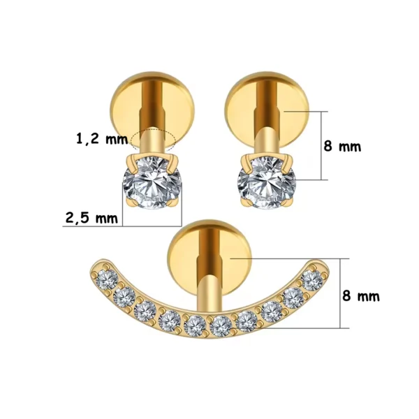 Trio Smiley Piercing Oreille en Titane ASTM-F136 & Zircons (variante anodisée doré avec dimensions) Trio Smiley Piercing Oreille en Titane ASTM-F136 & Zircons (variante anodisée doré avec dimensions).