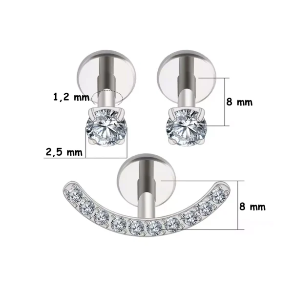 Trio Smiley Piercing Oreille en Titane ASTM-F136 & Zircons (variante polie avec dimensions) Trio Smiley Piercing Oreille en Titane ASTM-F136 & Zircons (variante polie avec dimensions).
