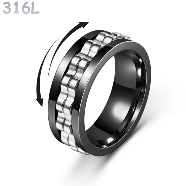 Bague Anti-Stress en Acier 316L Noir PVD à Double Anneau Rotatif Cranté Couleur Acier Bague Anti-Stress en Acier 316L Noir PVD à Double Anneau Rotatif Cranté Couleur Acier.