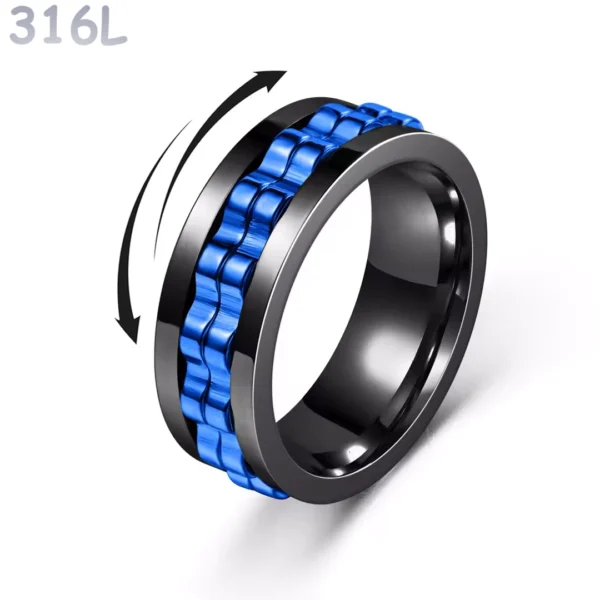 Bague Anti-Stress en Acier 316L Noir PVD à Double Anneau Rotatif Cranté Couleur Bleu Bague Anti-Stress en Acier 316L Noir PVD à Double Anneau Rotatif Cranté Couleur Bleu.