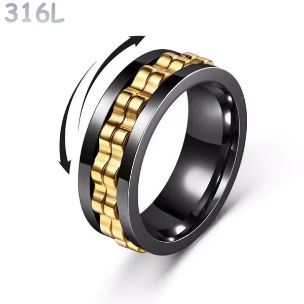 Bague Anti-Stress en Acier 316L Noir PVD à Double Anneau Rotatif Cranté Couleur Doré Bague Anti-Stress en Acier 316L Noir PVD à Double Anneau Rotatif Cranté Couleur Doré.