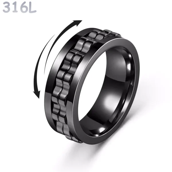 Bague Anti-Stress en Acier 316L Noir PVD à Double Anneau Rotatif Cranté Couleur Noir Bague Anti-Stress en Acier 316L Noir PVD à Double Anneau Rotatif Cranté Couleur Noir.