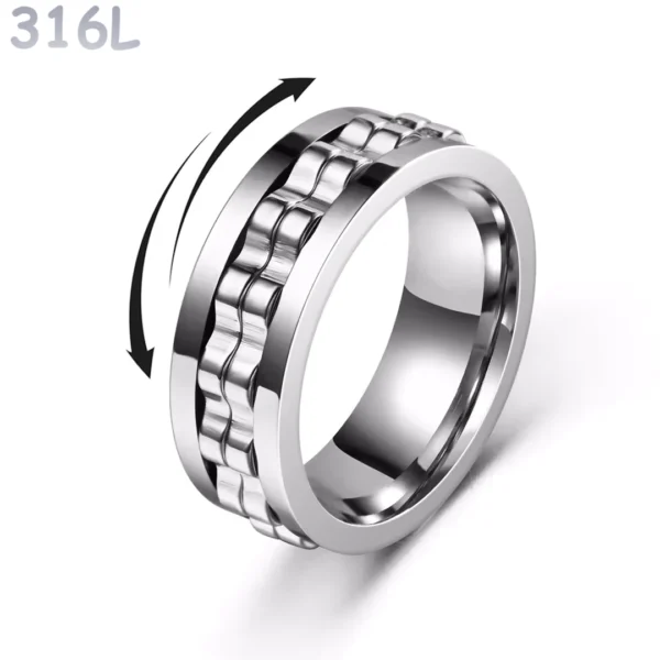 Bague Anti-Stress en Acier 316L Poli à Double Anneau Rotatif Cranté Couleur Acier Bague Anti-Stress en Acier 316L Poli à Double Anneau Rotatif Cranté Couleur Acier.