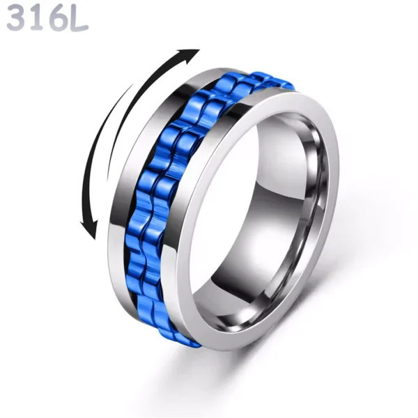Bague Anti-Stress en Acier 316L Poli à Double Anneau Rotatif Cranté Couleur Bleu PVD Bague Anti-Stress en Acier 316L Poli à Double Anneau Rotatif Cranté Couleur Bleu PVD.