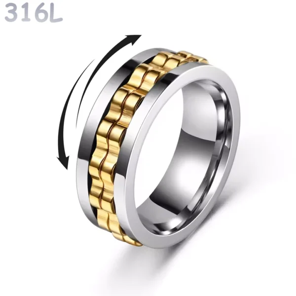 Bague Anti-Stress en Acier 316L Poli à Double Anneau Rotatif Cranté Couleur Doré PVD Bague Anti-Stress en Acier 316L Poli à Double Anneau Rotatif Cranté Couleur Doré PVD.