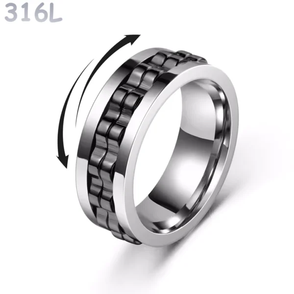 Bague Anti-Stress en Acier 316L Poli à Double Anneau Rotatif Cranté Couleur Noir PVD Bague Anti-Stress en Acier 316L Poli à Double Anneau Rotatif Cranté Couleur Noir PVD.