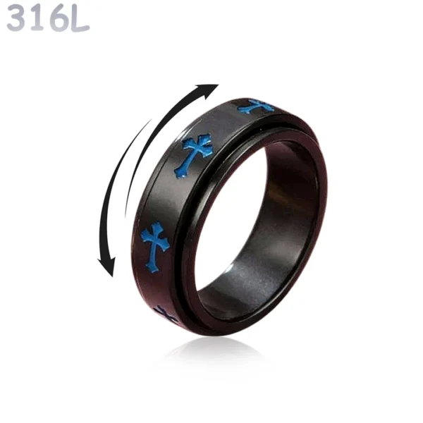 Bague Rotative Anti-Stress à Croix Gothiques Bleues en Acier 316L Noir PVD Bague Rotative Anti-Stress à Croix Gothiques Bleues en Acier 316L Noir PVD