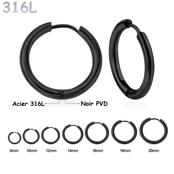Boucles d'Oreilles Créoles en Acier 316L Noir PVD 8-20 mm Boucles d'Oreilles Créoles en Acier 316L Noir PVD 8-20 mm.