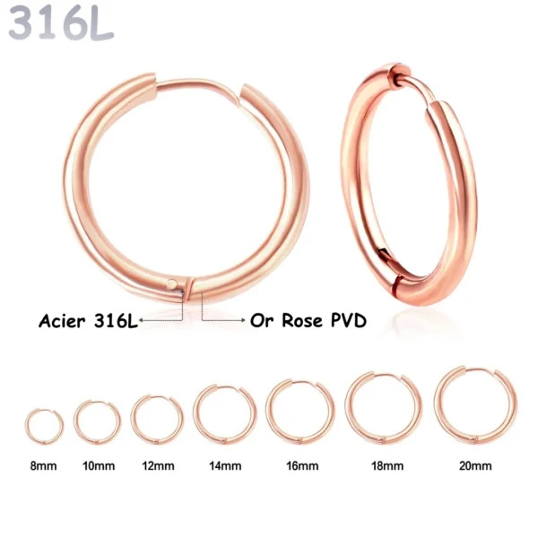 Boucles d'Oreilles Créoles en Acier 316L Or Rose PVD 8-20 mm Boucles d'Oreilles Créoles en Acier 316L Or Rose PVD 8-20 mm.