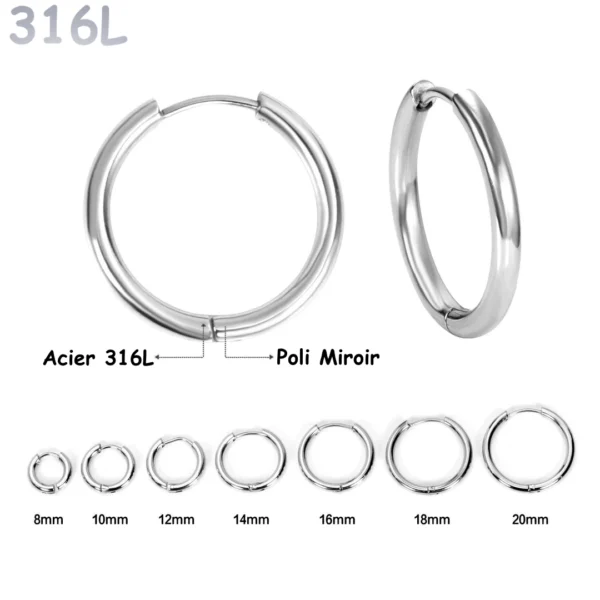 Boucles d'Oreilles Créoles en Acier 316L Poli Miroir 8-20 mm Boucles d'Oreilles Créoles en Acier 316L Poli Miroir 8-20 mm.