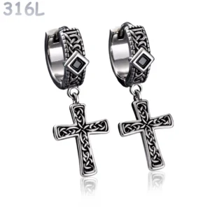 Créoles Gothiques à Croix Nordique & Zircon Noir.