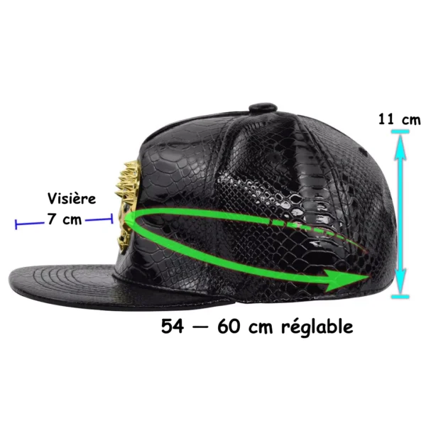 Casquette Similicuir Croco Tête de Mort Acier Doré (dimensions) Casquette Similicuir Croco Tête de Mort Acier Doré (dimensions).